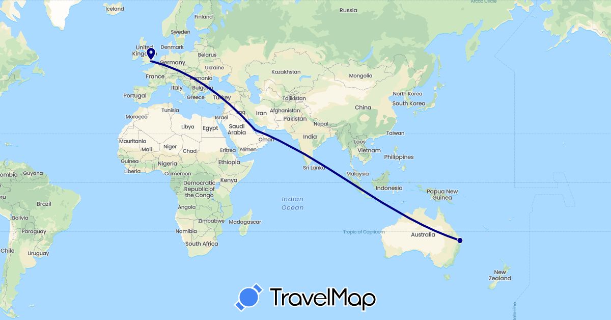 TravelMap itinerary: driving in Australia, United Kingdom, Qatar (Asia, Europe, Oceania)